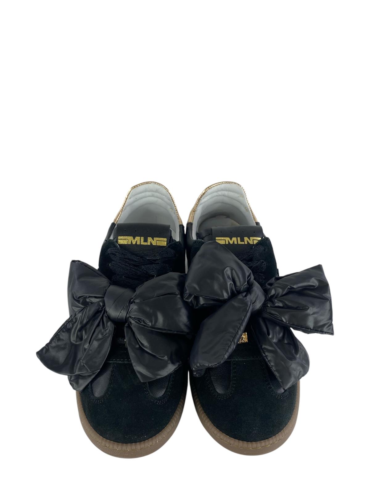 MELINE Sneaker donna in pelle e Lacci in pizzo con Fiocco in nylon Nero
