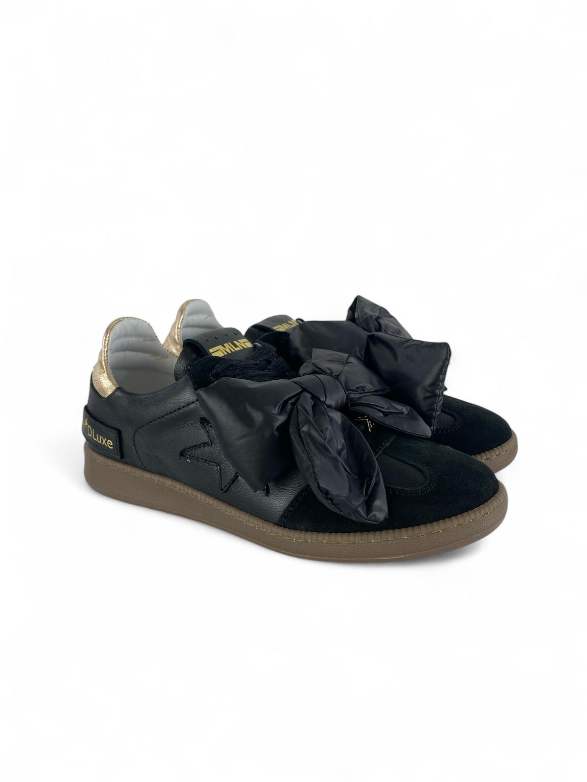 MELINE Sneaker donna in pelle e Lacci in pizzo con Fiocco in nylon Nero