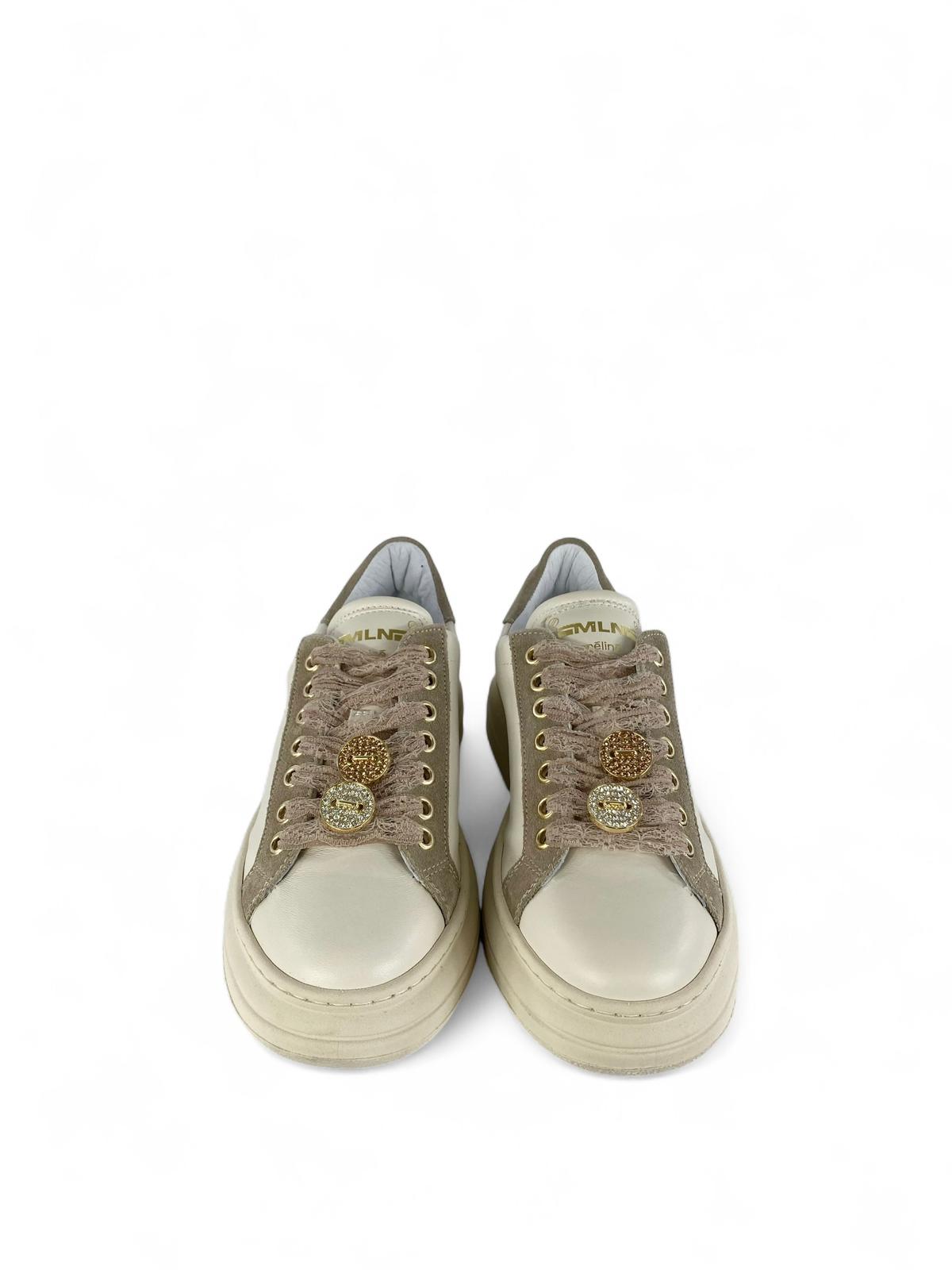 MELINE Sneaker donna in pelle e suede e Lacci in pizzo con bottoni strass crudo corda