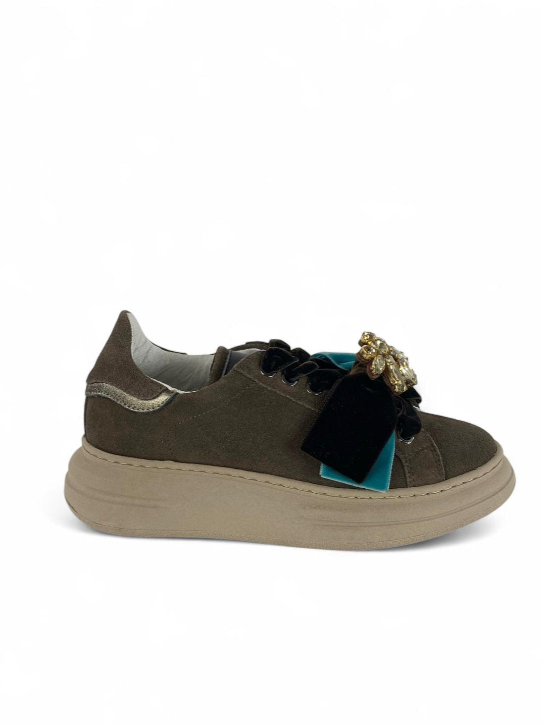 MELINE Sneaker donna dettagli in pelle e Fiocco removibile in velluto marrone