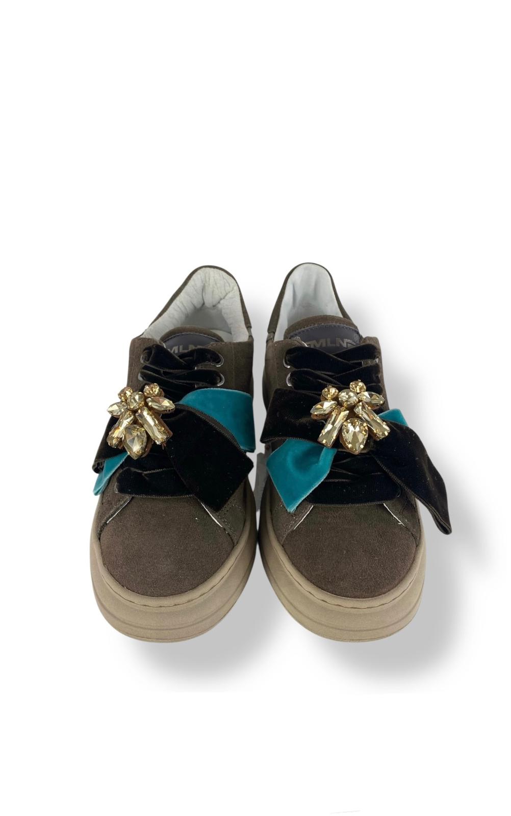 MELINE Sneaker donna dettagli in pelle e Fiocco removibile in velluto marrone