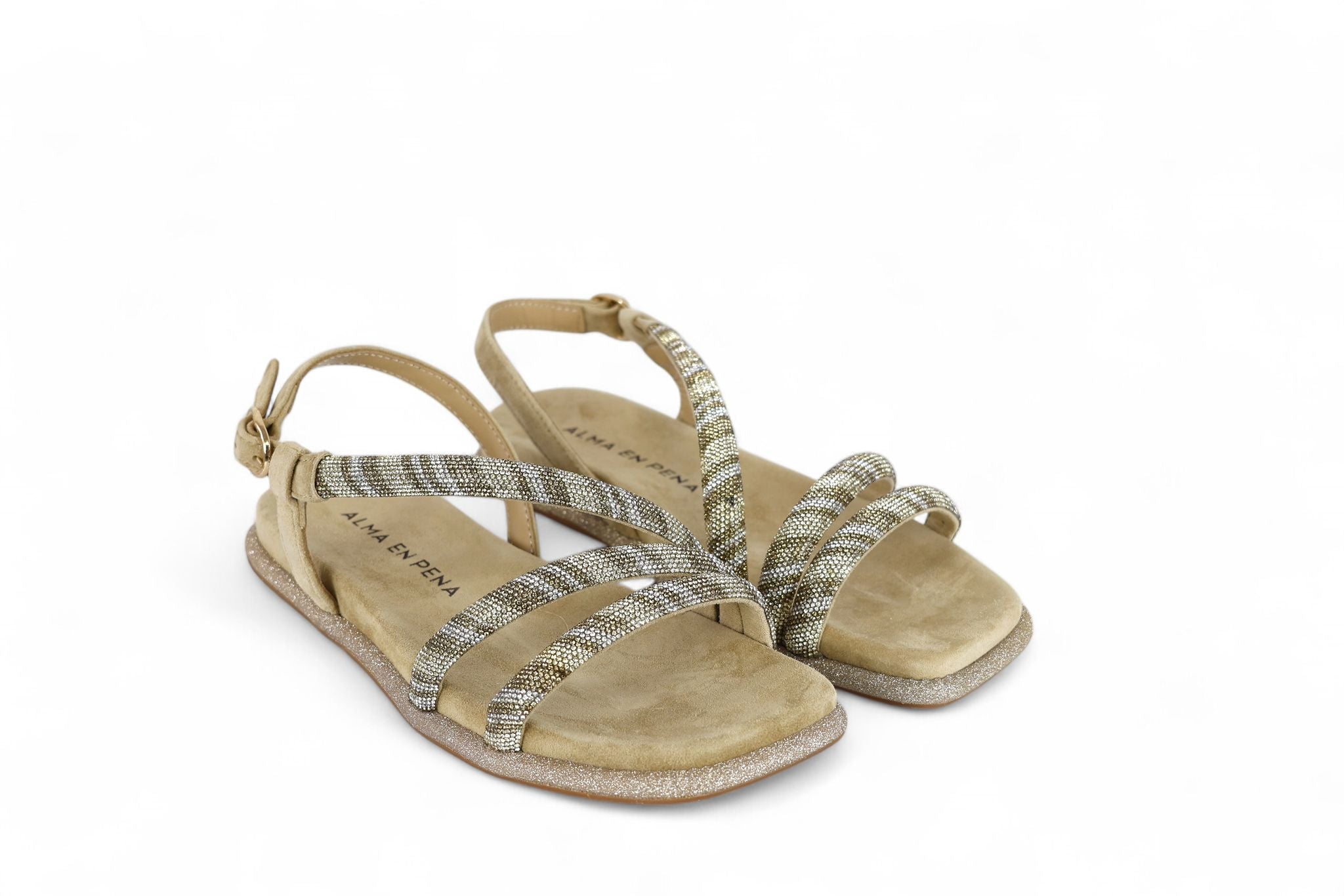 Alma en Pena sandalo donna in suede sand con micro strass sabbia e bronzo
