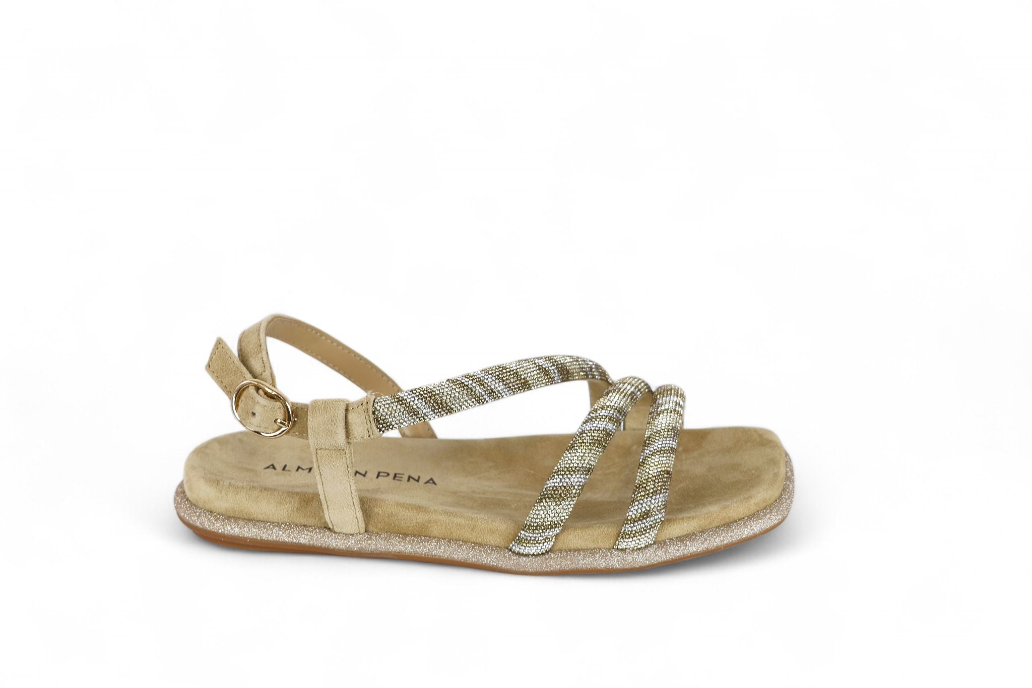 Alma en Pena sandalo donna in suede sand con micro strass sabbia e bronzo