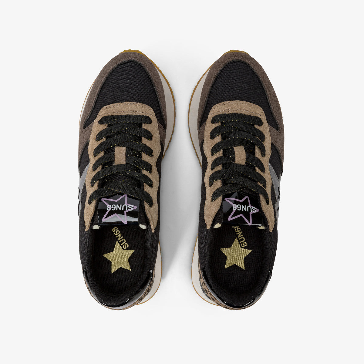 SUN68 Sneaker donna in tessuto tecnico nero con inserti in camoscio beige e marrone