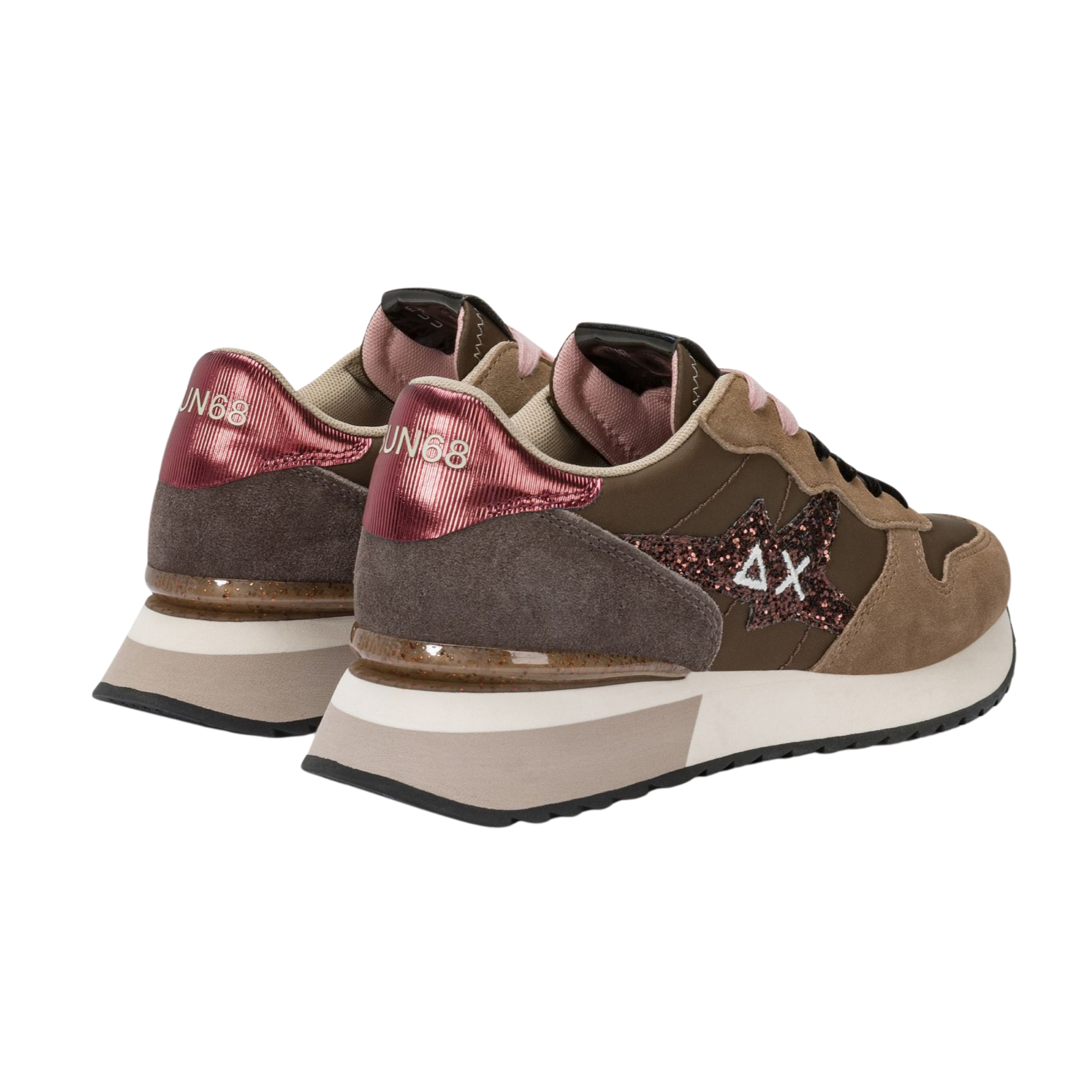 SUN68 Sneaker donna in tela e suede Logo glitter marrone