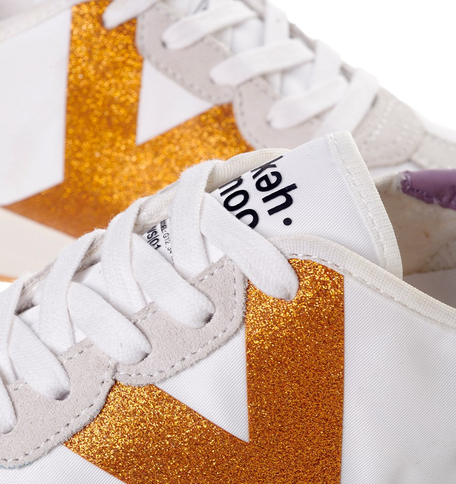 Kehnoo sneaker donna in nylon e suede bianco con logo glitter arancio e toppone lilla