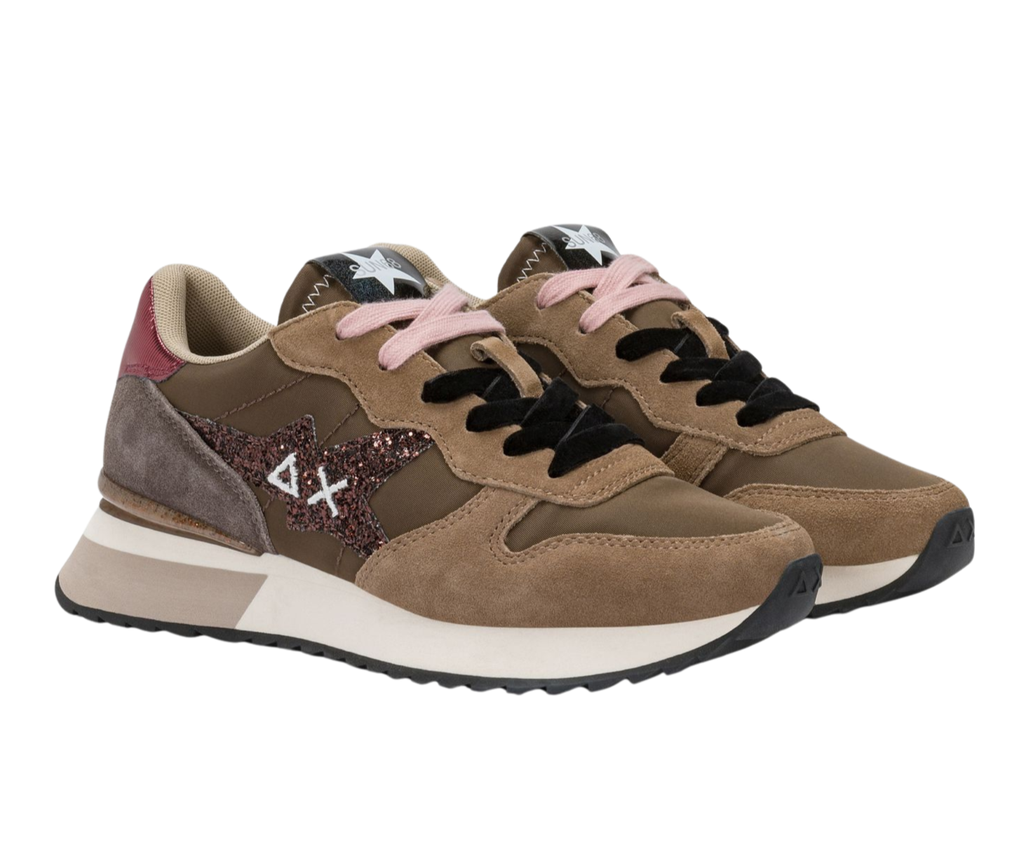 SUN68 Sneaker donna in tela e suede Logo glitter marrone