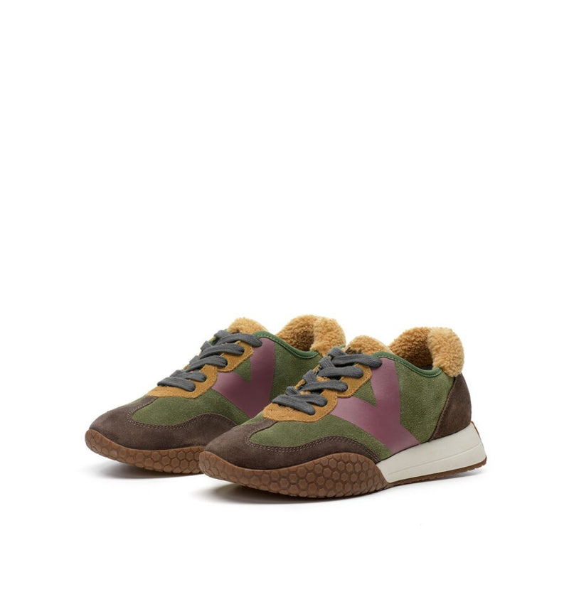 Kehnoo Sneaker donna in suede taupe e verde militare