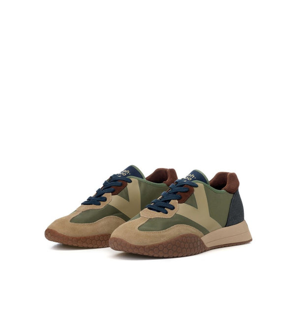 Kehnoo Sneaker uomo in nylon verde militare e suede beige