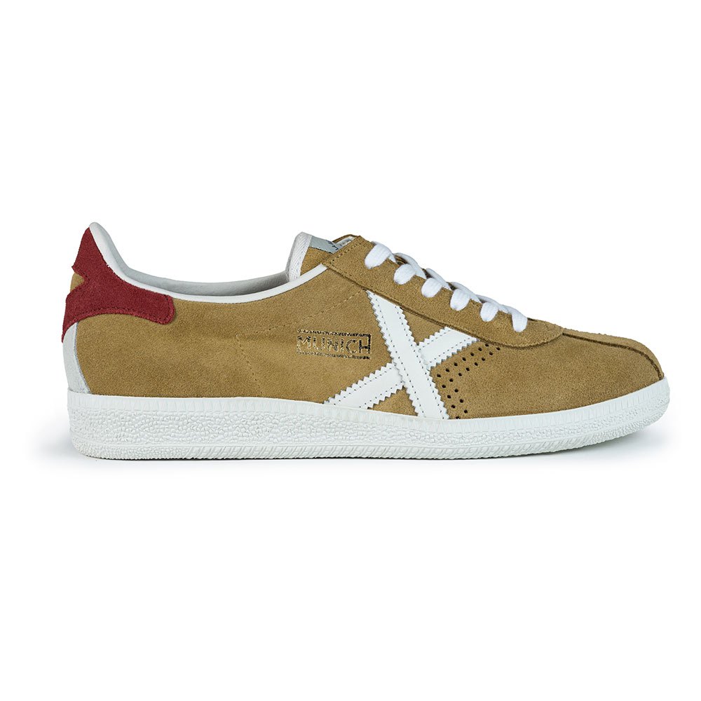 Munich Sneaker uomo in suede tabacco con dettagli in bianco e rosso
