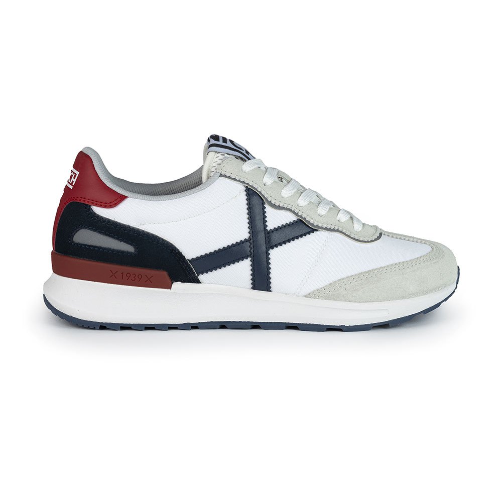 Munich Sneaker uomo tela bianca e suede ghiaccio con dettagli blu e rosso