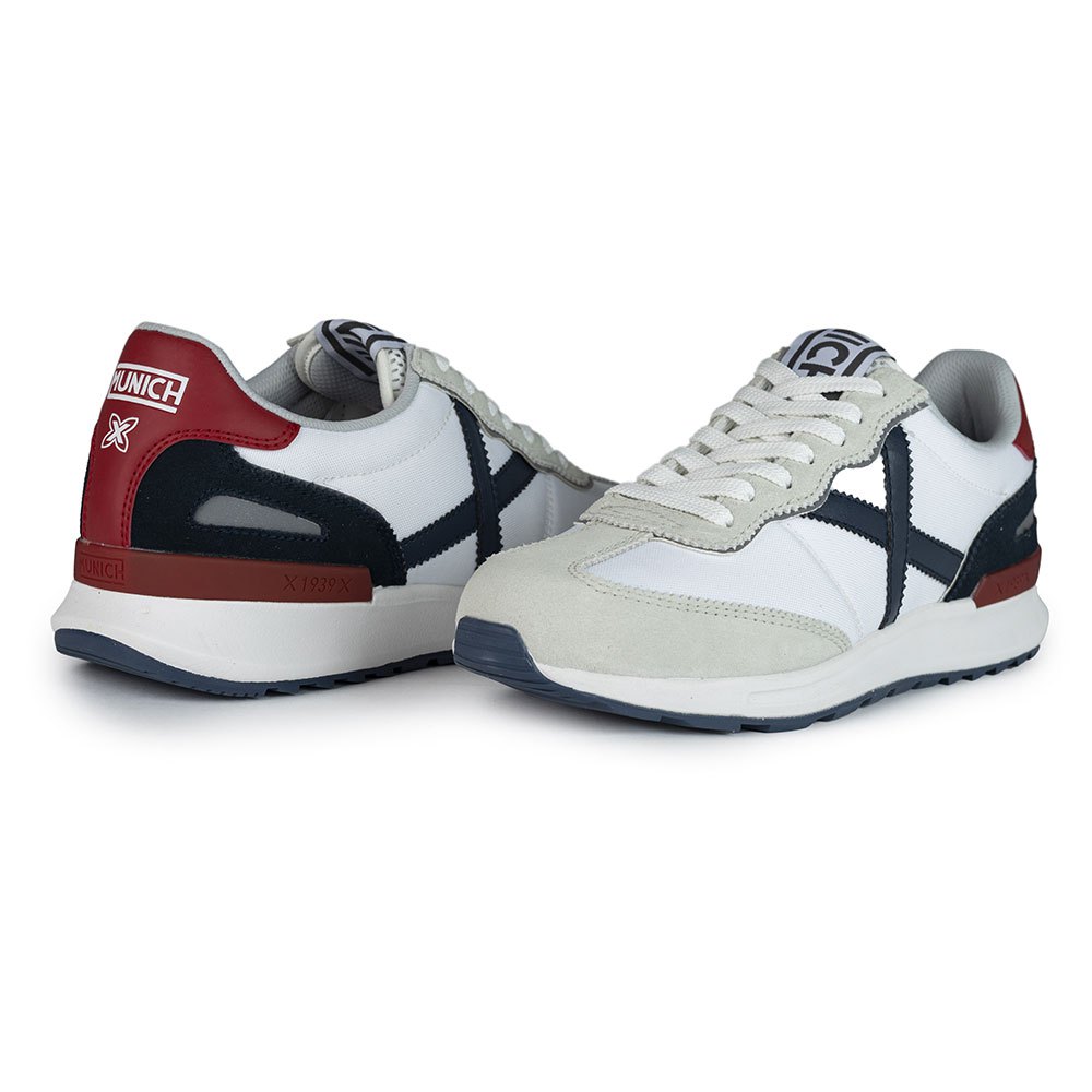 Munich Sneaker uomo tela bianca e suede ghiaccio con dettagli blu e rosso