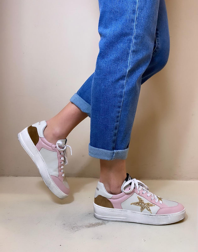 Méliné Sneaker Donna con Dettagli Glitter Platino in Pelle Bianca e Rosa