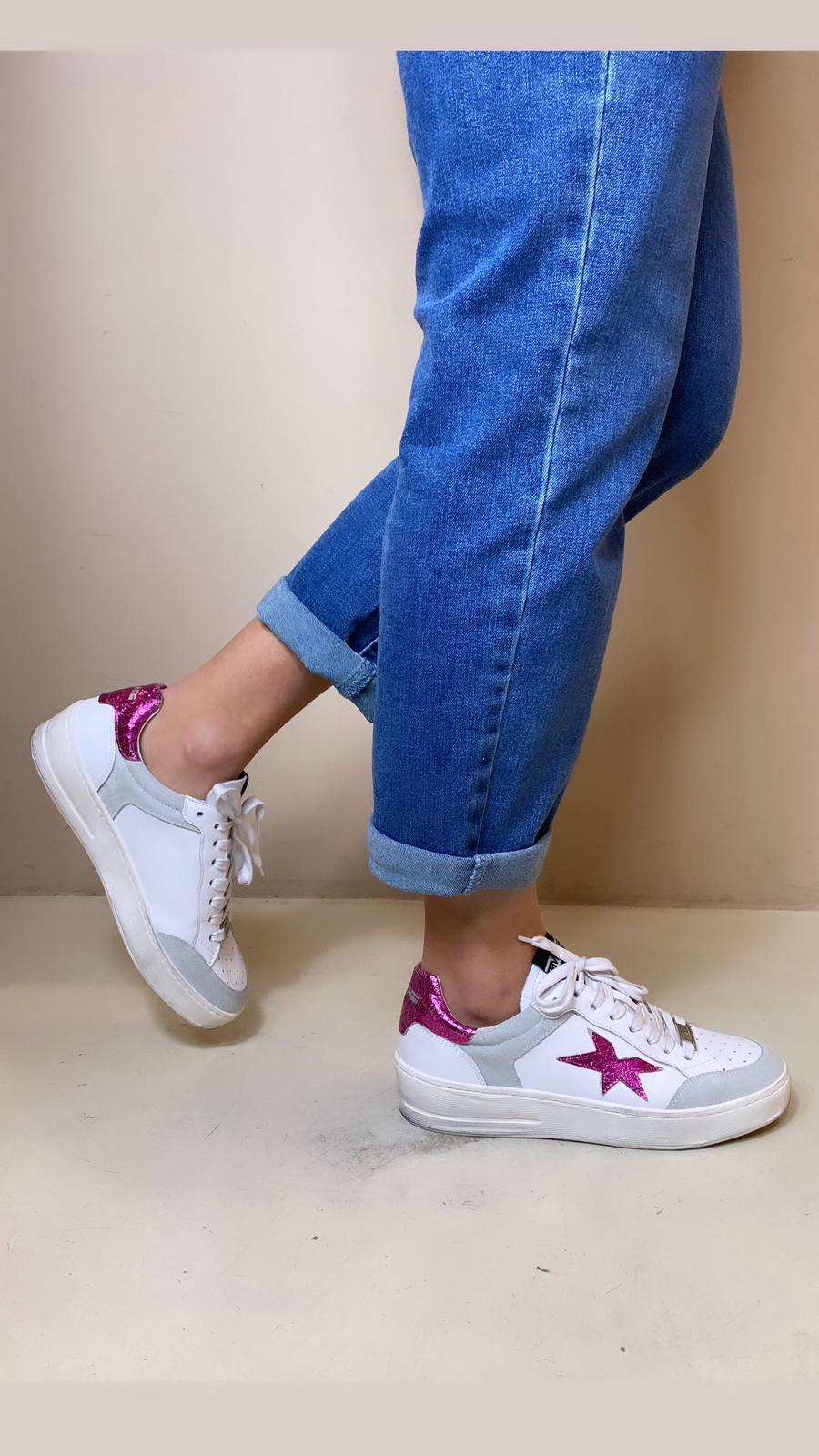 Méliné Sneaker donna con Dettagli Crack Fucsia in Pelle Bianca